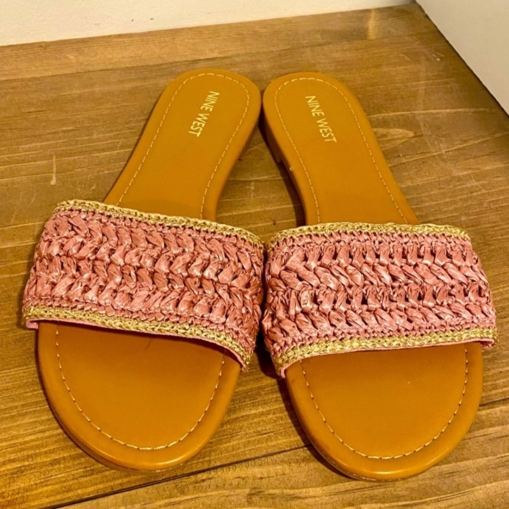 Nine West Women's Pink and Tan Beehive Slide Sandals, Like New, Size 10